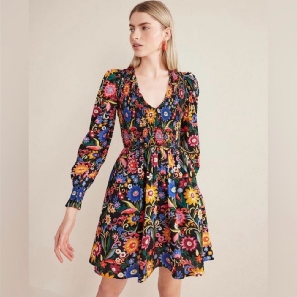 Boden Smocked Bodice Ruched Sleeves Mini Dress Black, Gardenia Pop 2 Regular